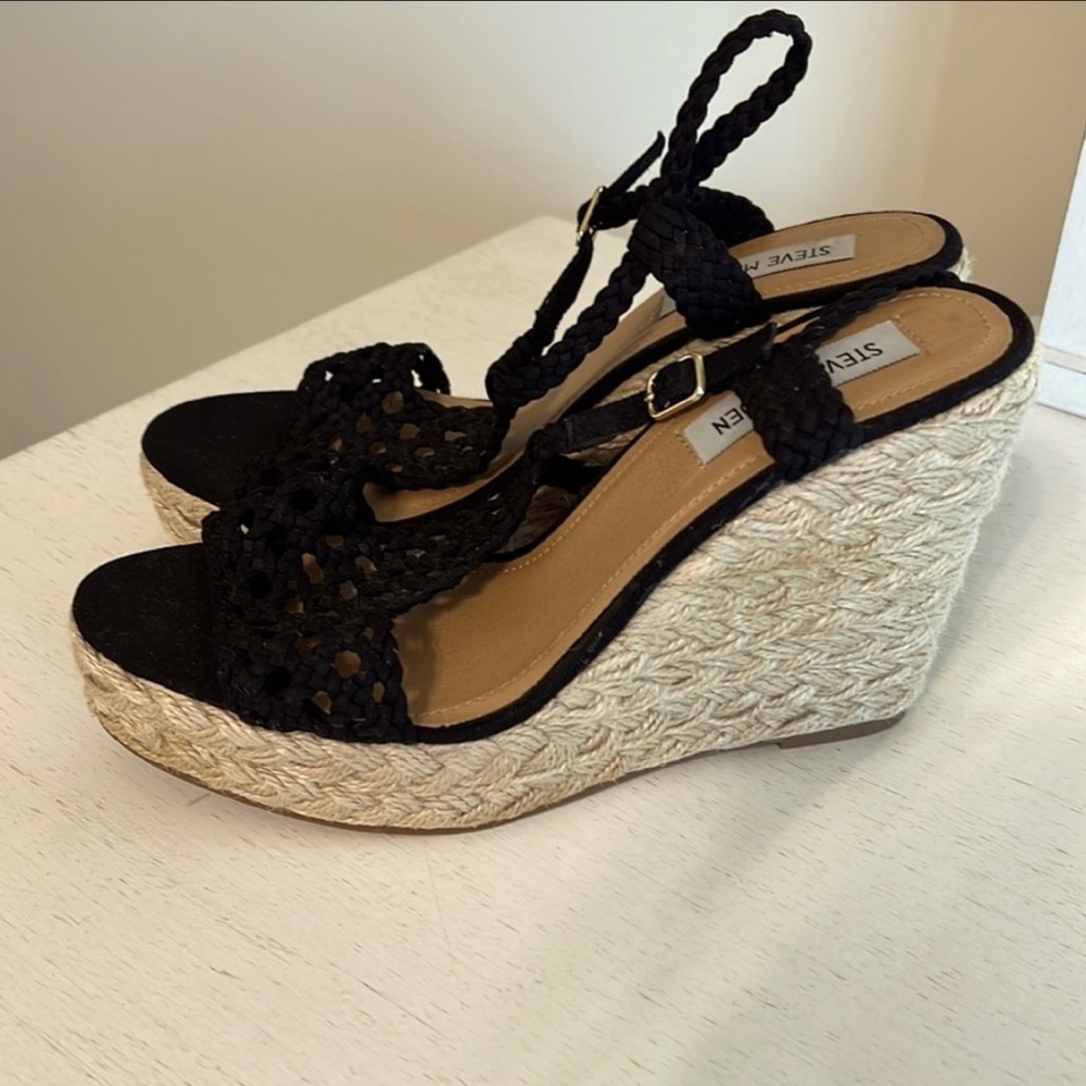 Steve Madden Women’s Mango Espadrilles Black Woven Wedgie Sandals / Size 9